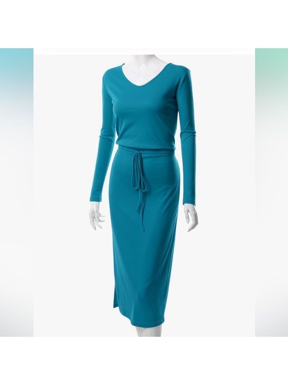 Long Sleeve Drawstring Waist V-Neck Cotton Blend Long Dress for Women Size Large